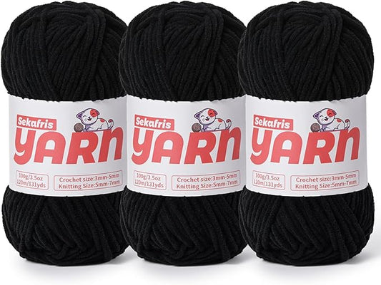 3 Pack Plush Chunky Chenille Yarn for Crocheting, Soft Fluffy Velvet Yarn for Crocheting, Fuzzy Baby Blanket Knitting Yarns, 300g/393yds Bulky Amigurumi Yarns（3 Black）