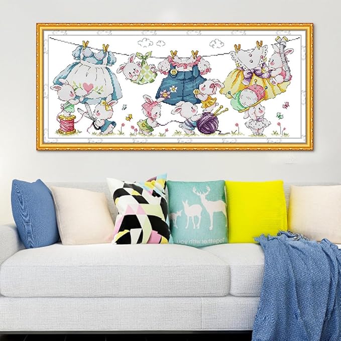 Qeerysew Cross Stitch Kit Stamped Full Range of Embroidery Starter Kits for Beginners DIY- Printed kit Sewing Rabbit Sunbathing(Printed) 11CT30.3×14.2 inches