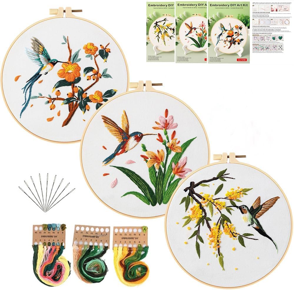 GLTAYLMY 3 Pack Embroidery Kits for Adults, Hummingbird and Flower Embroidery Kit for Beginners with Clear Instructions,1 Plastic Embroidery Hoops, Stamped Patterns, Colorful Threads, Tools by GLTAYLMYFortuneSmilesonJoyfulTradingwithEveryone