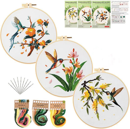 GLTAYLMY 3 Pack Embroidery Kits for Adults, Hummingbird and Flower Embroidery Kit for Beginners with Clear Instructions,1 Plastic Embroidery Hoops, Stamped Patterns, Colorful Threads, Tools by GLTAYLMYFortuneSmilesonJoyfulTradingwithEveryone