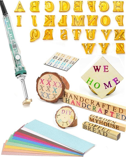 1/2" 26 Pcs Wood Burning Letters Kit with Electric Branding Iron, Wood Burning Letter Stamps for Wood Leather Hats Branding, DIY Gifts for Wedding Birthday Christmas (Brass Letters A-Z)