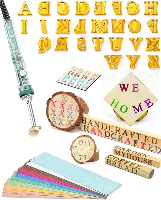 1/2" 26 Pcs Wood Burning Letters Kit with Electric Branding Iron, Wood Burning Letter Stamps for Wood Leather Hats Branding, DIY Gifts for Wedding Birthday Christmas (Brass Letters A-Z)