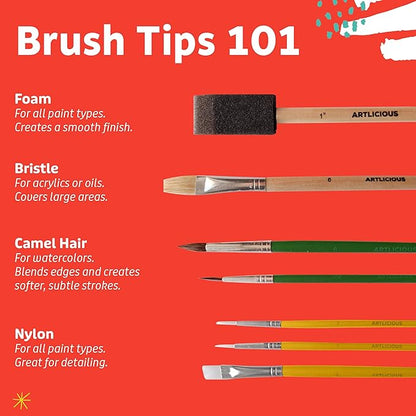 Artlicious Foam Brushes Wood Handle Paint Brush Set - Use with Craft, Watercolor, Oil, Gouache Paints, Face Art, Washable Paints, Miniature Detailing and Rock Painting