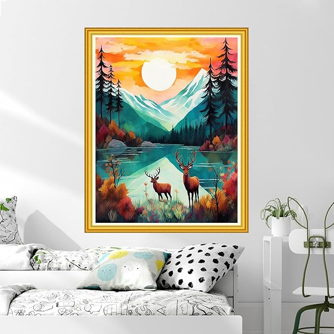 DMCVIVR Stamped Cross Stitch Kits for Beginners Adults Needlepoint Kits for Beginners Embroidery Kits for Adults Crossstitch Kit for Beginners 11CT-Early Morning elk 16x20 inch