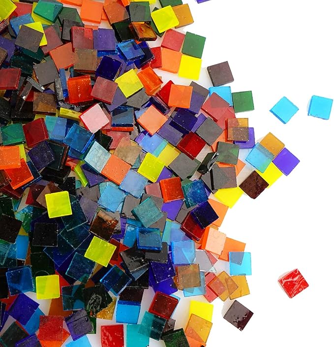 Lanyani Transparent Square Glass Mosaic Tiles Pieces Stained Glass for Crafts, Mixed Colors and Patterns, 500g/1.1lb