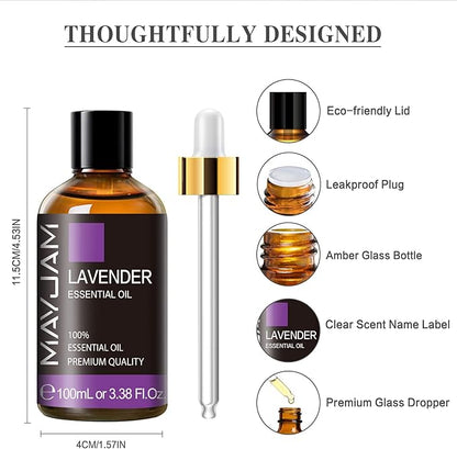Lavender Essential Oil 100ML, MAYJAM Pure Essential Oils for Diffusers, Massage, Lavender Oil for Soap Candle Making, Huge 3.38FL.OZ Bottle