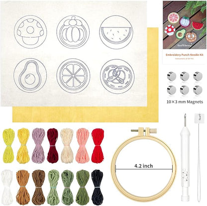 HAND U JOURNEY 6Pcs Food Series Embroidery Punch Needle Refrigerator Magnets Set – Rug Punch DIY Craft Kit for Adults and Beginners