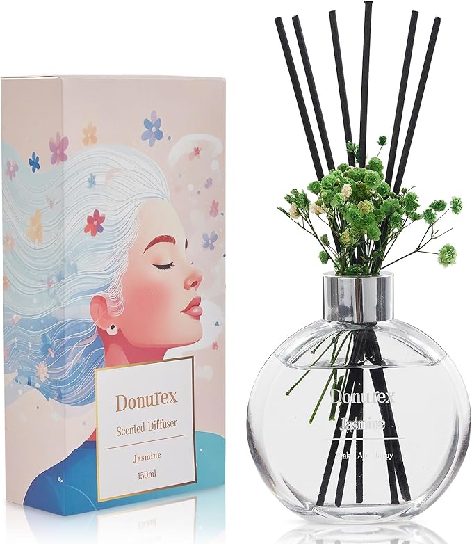 Donurex Flower Reed Diffuser Set 5.07oz Jasmine Scent Diffuser with Sticks Home Fragrance Reed Diffuser for Bathroom Shelf Decor