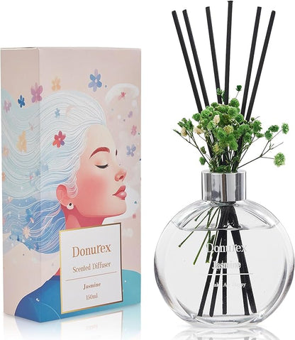 Donurex Flower Reed Diffuser Set 5.07oz Jasmine Scent Diffuser with Sticks Home Fragrance Reed Diffuser for Bathroom Shelf Decor