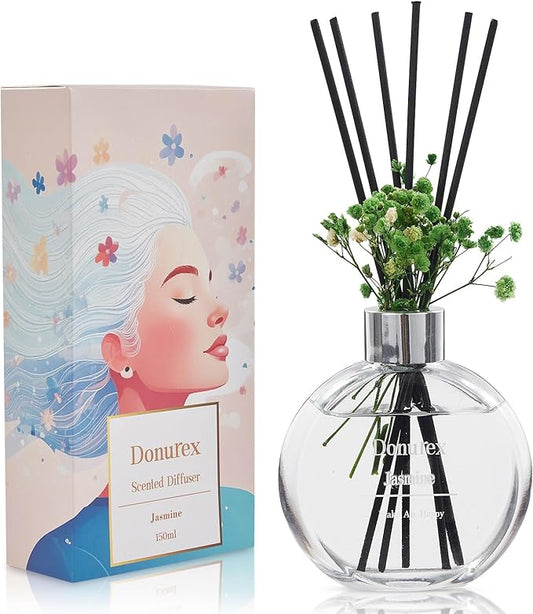 Donurex Flower Reed Diffuser Set 5.07oz Jasmine Scent Diffuser with Sticks Home Fragrance Reed Diffuser for Bathroom Shelf Decor