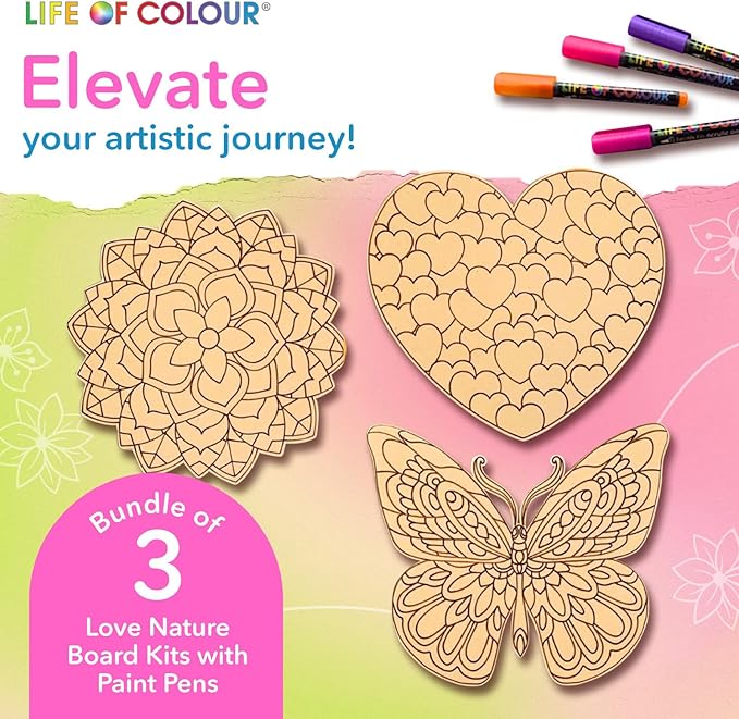 Life of Colour Painting Kit - Color Your Own Set of 3 Shaped Boards with 12 Life of Color Acrylic Paint Pens No Mess DIY Art and Crafts for Adults - Stunning Works of Art for Decorative Display