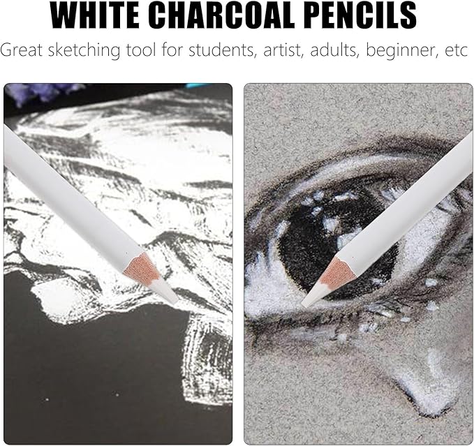 Healvian 3Pcs White Charcoal Pencils for Drawing and Sketching, Professional Art Drawing Highlight Pencils, Wooden Sketching Supplies for Artists and Students