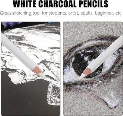 Healvian 3Pcs White Charcoal Pencils for Drawing and Sketching, Professional Art Drawing Highlight Pencils, Wooden Sketching Supplies for Artists and Students