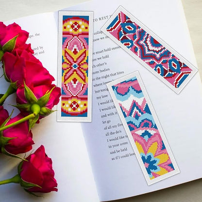 ORIGACH 6 Set Mandala Pattern Cross Stitch Bookmark Kit for Beginner with Backing Felt Floss Instructions DIY Stamped Embroidery Bookmark Kit for Adults, Book Lovers