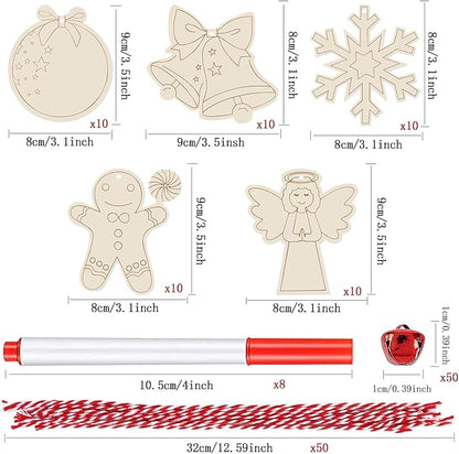 Artmag 50pcs Unfinished Wooden Christmas Ornaments Wood Slices with Holes for DIY Crafts Centerpieces Holiday Hanging Decor Decorations 5 Styles