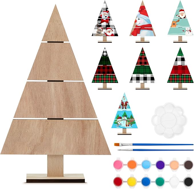 Soaoo 8 Pcs Christmas Standing Wood Pallet 11.81" x 7.48" Christmas Tree Unfinished DIY Wooden Ornaments Kit Rustic Wooden Crafts 12 Colors Pigment Palettes and Paint Brushes