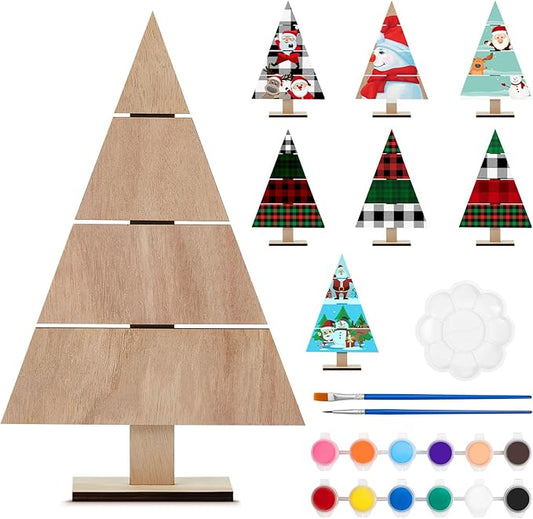 Soaoo 8 Pcs Christmas Standing Wood Pallet 11.81" x 7.48" Christmas Tree Unfinished DIY Wooden Ornaments Kit Rustic Wooden Crafts 12 Colors Pigment Palettes and Paint Brushes