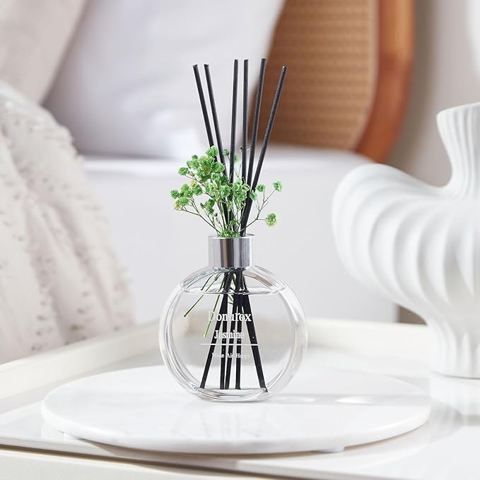 Donurex Flower Reed Diffuser Set 5.07oz Jasmine Scent Diffuser with Sticks Home Fragrance Reed Diffuser for Bathroom Shelf Decor