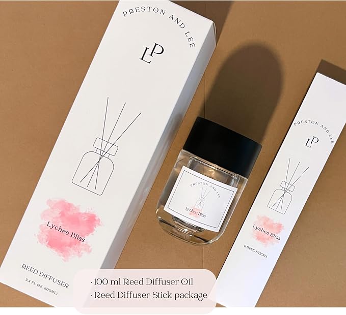 Preston and Lee Reed Diffuser Set | 100 ml (3.4 fl oz) Lychee Bliss Scent | Reed Diffuser Set | Aromatherapy Diffusers | Reed Diffuser Oil for Home and Spa Fragrance