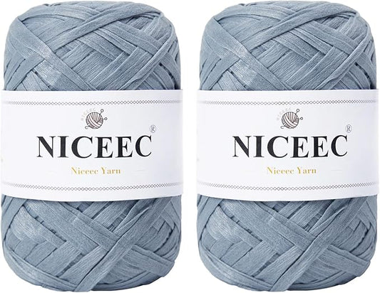 NICEEC 2 Skeins Soft Tape Yarn for Crocheting Craft Paper Yarn Easy Crochet Raffia Yarn Ribbon Yarn for DIY Craft Gift Wrapping Total Length 1.76oz×2/109yds×2-Dusty Blue