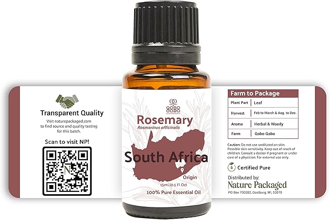 Nature Packaged Rosemary Essential Oil - Direct from Qobo Qobo South Africa - Steam Distilled - Aceite Esencial de Romero for Aromatherapy, Massage, Diffuser, DIY Candle and Soap Making - 15ml