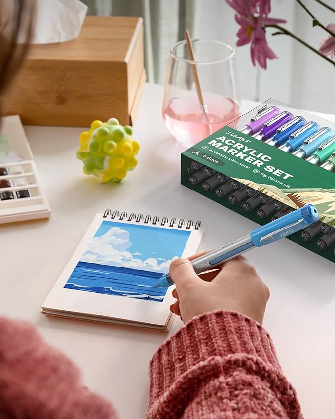 JusArt Acrylic Paint Markers Brush Tip 24 Colors, Water-Based No-Bleed Markers with Automatic Ink Control, Waterproof Acrylic Paint Pens for DIY Art & Crafts -Fabric, Rock, Wood, Glass, Ceramic, Metal