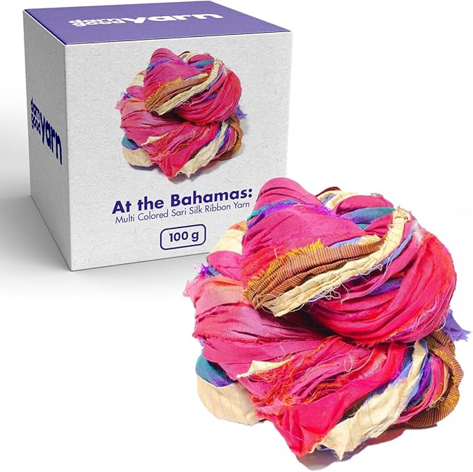 DARN GOOD YARN Recycled Sari Silk Ribbon Yarn “at The Bahamas” Dyeable 100 Grams, 50 Yards, 1 Skein Handmade one of a Kind