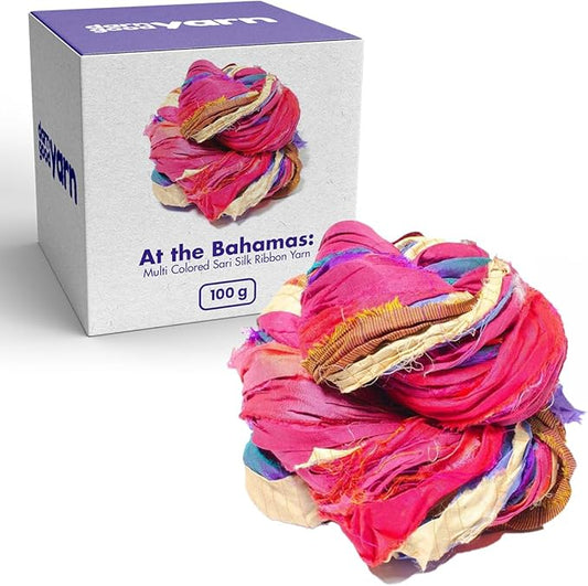 DARN GOOD YARN Recycled Sari Silk Ribbon Yarn “at The Bahamas” Dyeable 100 Grams, 50 Yards, 1 Skein Handmade one of a Kind