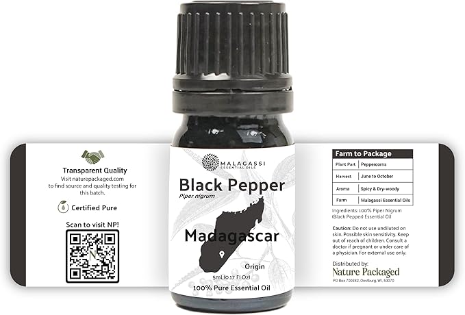 Nature Packaged Black Pepper Essential Oil - Direct from Madagascar Farms - Steam Distilled - Aceite Pimienta Negra for Aromatherapy, Massage, Diffuser, DIY Candle and Soap Making - 2lbs