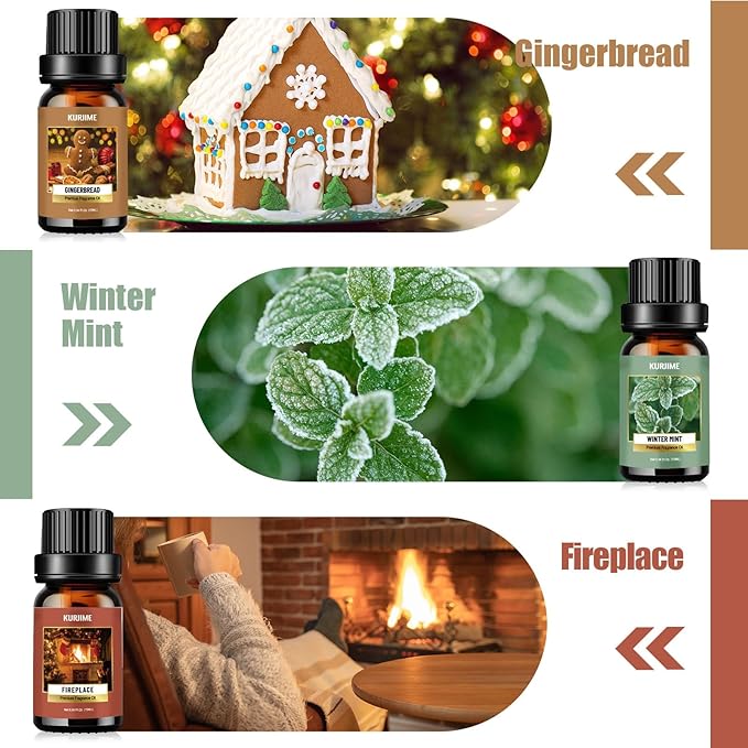 Essential Oils Set, Winter Scents Fragrance Oil Essential Oils for Diffusers for Home - Christmas Wreath, Gingerbread, Fireplace, Cranberry, Forest Pine, Winter Mint Scented Oil, 6x10ml
