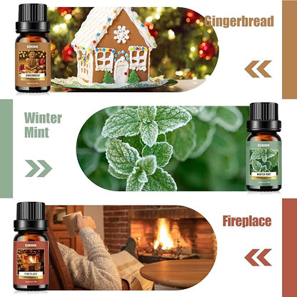Essential Oils Set, Winter Scents Fragrance Oil Essential Oils for Diffusers for Home - Christmas Wreath, Gingerbread, Fireplace, Cranberry, Forest Pine, Winter Mint Scented Oil, 6x10ml
