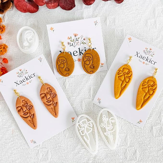 Xaekicr Abstract Face Polymer Clay Cutters Set – 3PCS Clay Earring Cutters with Floral Line Design – Embossed Polymer Clay Molds for DIY Jewelry and Crafts