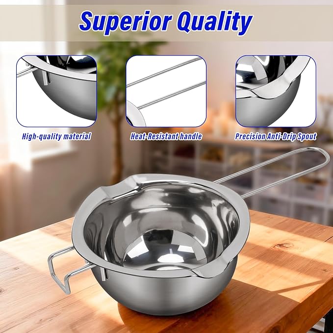 Double Boiler Melting Pot Set for Candle Making, 3-Piece Stainless Steel Wax Melter with Pouring Pot, Ideal for Soy Wax, Beeswax, Candle Making Supplies