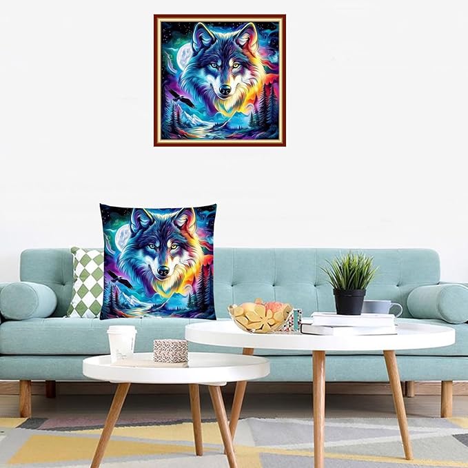 Lovxvouy Pillow Cross Stitch Kits for Adults Beginners-Preprinted Needlepoint Kit Stamped Crossstitching Kits 11CT Cross-Stitch Kit Stitches Kit Embroidery Kits-Abstract Wolf 18x18 inchs