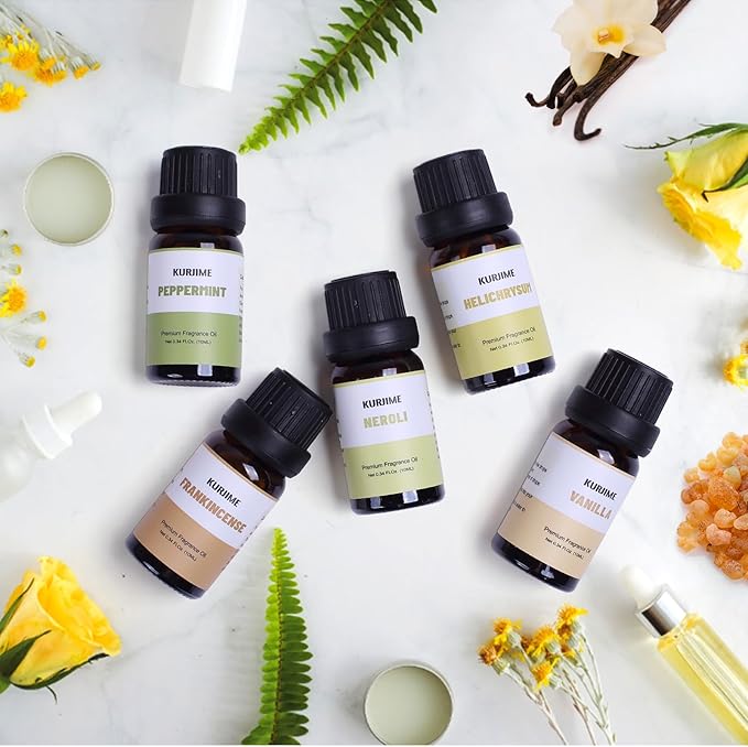 KURJIME Essential Oil Set, Earthy Scents Fragrance Oil Essential Oils for Diffuser Oil Scents | Peppermint, Frankincense, Vanilla, Helichrysum, Neroli, Tobacco Vanilla Scented Oils, 6x10ml