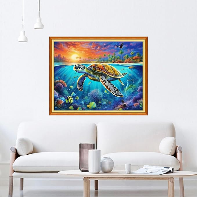 DMCVIVR Stamped Cross Stitch Kits for Beginners Adults Needlepoint Kits for Beginners Embroidery Kits for Adults Crossstitch Kit for Beginners 11CT-Colorful Turtle 16x20 inchs