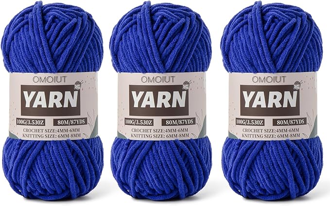 Fluffy Chenille Yarn for Crocheting - Baby Yarn for Crocheting Soft Blanket - 3 Pack of 100g/(87.4yds) Crochet Amigurumi Chunky Yarns - Super Bulky 5 Velvet Yarns (3 Sapphire Blue)