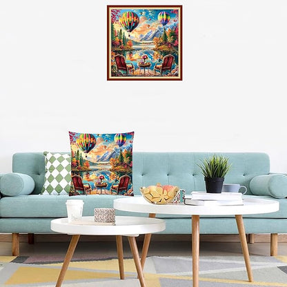 Lovxvouy Pillow Cross Stitch Kits for Adults Beginners-Preprinted Needlepoint Kit Stamped Crossstitching Kits 11CT Cross-Stitch Kit Stitches Kit Embroidery Kits-Tea hot air balloon 18x18 inchs