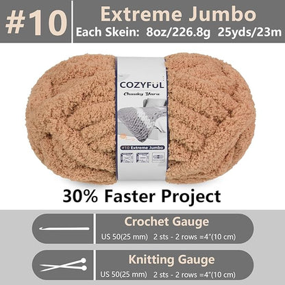 Chunky Yarn for Hand Knitting - #10 Chunky Chenille Yarn, Jumbo Big Thick Chunky Yarns for Crocheting, Super Bulky Chunky Knit Blanket Yarns, 8 Skein (25 yds 8 oz Each Skein), Light Coffee