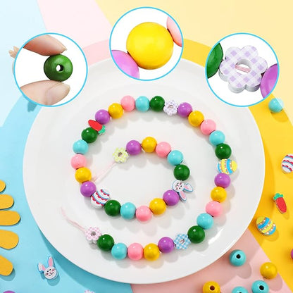 200 Pieces Easter Wood Beads for Craft Colorful Round Craft Bead Rabbits Egg Wood Bead for Spring Garland DIY Easter Holiday Family DIY Crafts Supplies Party Decors, Multiple Style (Cute Style)