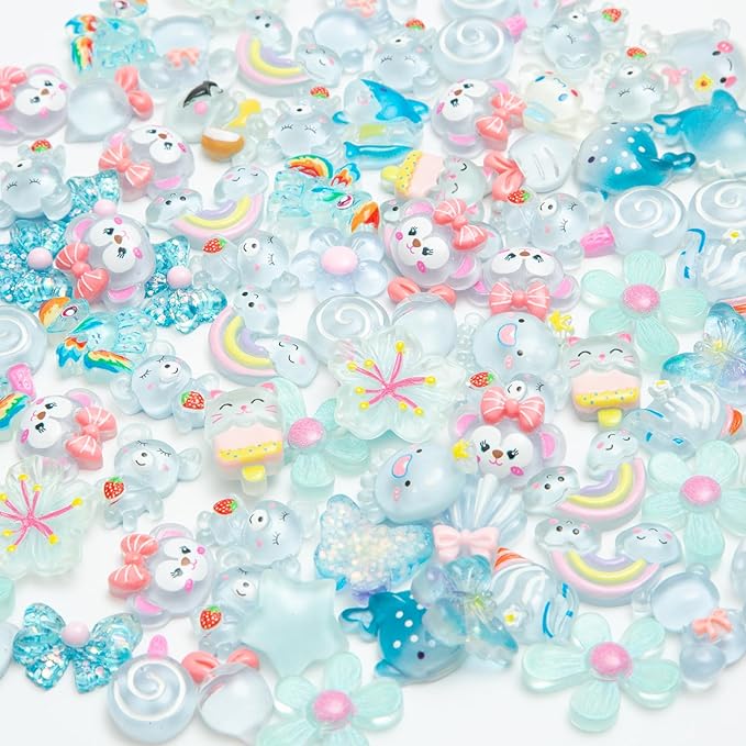 60pcs Slime Charms Cute Set for Crafts Resin Set Ornament Scrapbooking,3D Flatback Cute Charms for Embellishments Scrapbook and Mini Decorations (Blue)