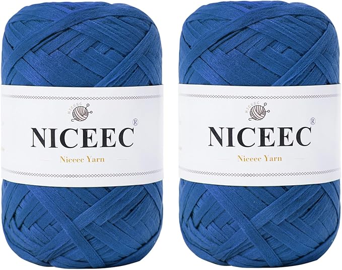 NICEEC 2 Skeins Soft Tape Yarn, Easy Crohcet Raffia, Crochet & Knitting, Paper Ribbon Yarn for DIY Craft Gift Wrapping Total Length 1.76oz×2/109yds×2 - Dark Blue