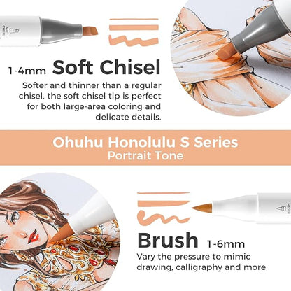 Ohuhu Alcohol Markers: Soft Chisel Red Dot Design Award Winner 24 Skin-color Brush & Soft Chisel Dual Tips Drawing Markers for Artists Beginners Adults Coloring Illustration Sketching - Honolulu S