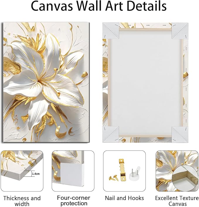 WENGTIAO 3Pcs Elegant White Lily Flowers Canvas Wall Art Boho White Floral Gold Edges Prints Pictures Paintings Beige Blossom Artwork for Living Room Bedroom Office Bathroom 20”x28 x3