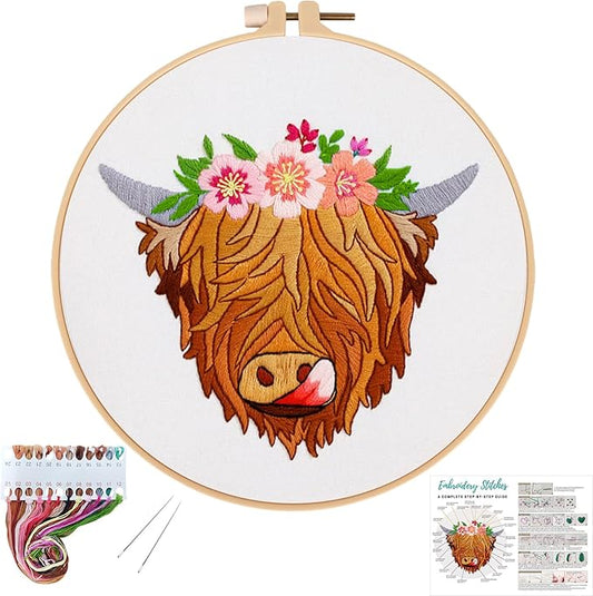 Louise Maelys Highland Cow Stamped Embroidery Kits for Beginners, Cross Stitch kit for Adults Include Instruction,Cloth,Hoop, Needles, Color Threads