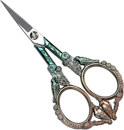 YOUGUOM Embroidery Scissors, Sharp Pointed Sewing Scissors for Craft Cross Stitch Needlework Artwork Knitting Threading Small DIY Tools, 4.6in Gold Green Cute Bird