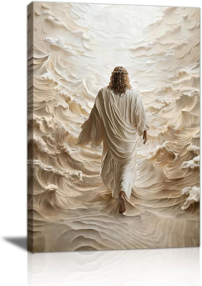 WENGTIAO Jesus Canvas Wall Art Prints Christian Spiritual Wall Painting Jesus Walking on Water Picture Poster Bible Religious Artwork for Bedroom Prayer Room Church Baptism Gifts 12x16 inch