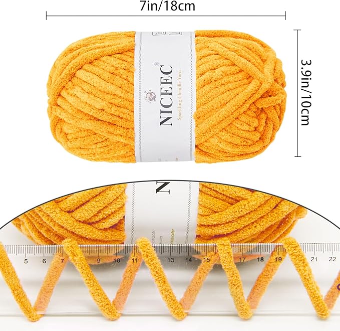 NICEEC 3 Skeins Sparkling Chenille Yarn Soft for Crochet & Knitting - Blanket Yarn DIY Craft - Total Length 350m (355yds/3.53oz3) - Yellow