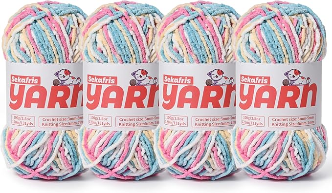 4 Pack Plush Chunky Chenille Yarn for Crocheting, Soft Fluffy Velvet Yarn for Crocheting Amigurumi, Fuzzy Baby Blanket Knitting 400g/524yds Bulky(4 Candy Color)
