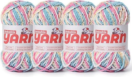 4 Pack Plush Chunky Chenille Yarn for Crocheting, Soft Fluffy Velvet Yarn for Crocheting Amigurumi, Fuzzy Baby Blanket Knitting 400g/524yds Bulky(4 Candy Color)
